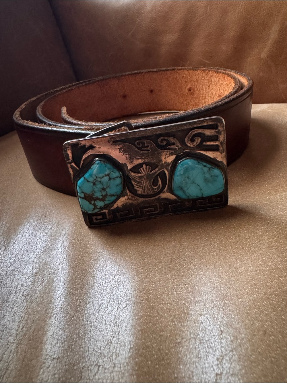 Turquoise Stone Western Leather Belt with Silver-Tone likely Sterling Buckle